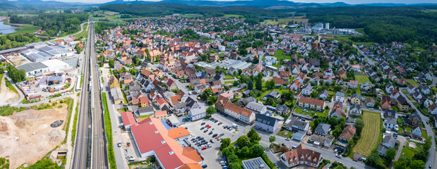 Aerial view of the city Zapfendorf in Germany, Bavaria on a sunny spring day