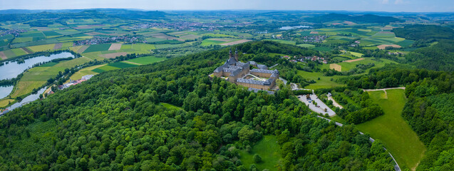 Aerial of the monastery Banz in Germany, Bavaria on a sunny day in spring.