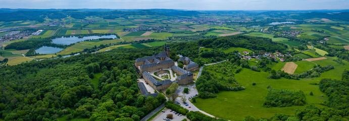 Aerial of the monastery Banz in Germany, Bavaria on a sunny day in spring. - obrazy, fototapety, plakaty