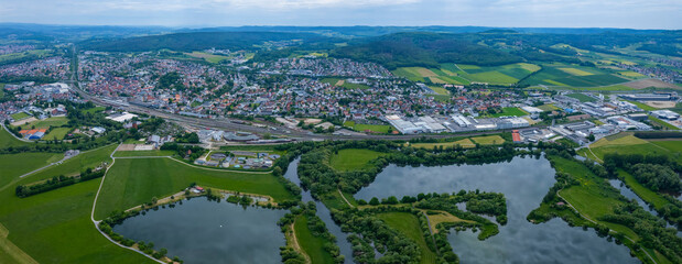 Aerial view around the city Lichtenfels in Germany, Bavaria. On a sunny day in spring.