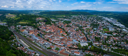 Aerial view around the city Kronach in Germany on a sunny day in spring.