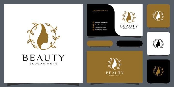 Beauty woman hairstyle logo design with business card for nature people salon elements