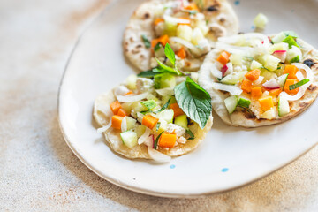 tacos vegetable stuffed flatbread doner kebab pita meal snack on the table copy space food background rustic. top view keto or paleo diet veggie vegan or vegetarian food