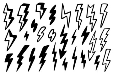 Vector doodle set of different lightnings. Hand drawn elements isolated on white background.