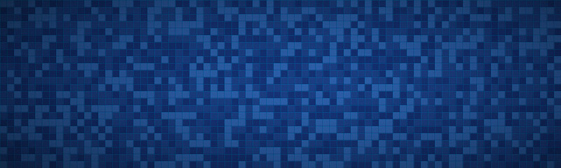 Geometric abstract square header. Blue mosaic look modern vector texture banner. Pixel pattern. Simple metallic illustration background - obrazy, fototapety, plakaty
