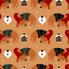 Christmas background with funny gnome. Festive background with sleeping dachshund dog. Winter vector background. New Year's design for wrapping paper, fabric, covers and cards.