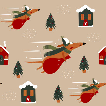 Festive seamless background with funny dogs. New Year's design for wrapping paper, fabric, covers and cards. Vector illustration