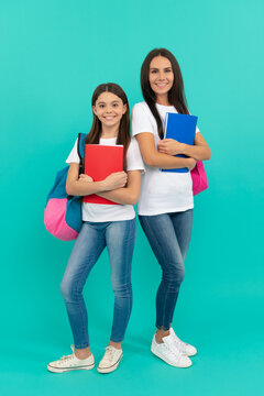 Childhood Education. Happy Pupil And Student With School Bag. Mom And Teen Girl Study.