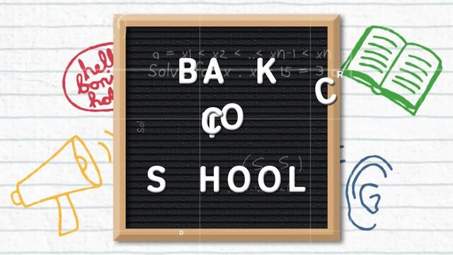 Back to school text on wooden slate against multiple school concept icons over white lined paper