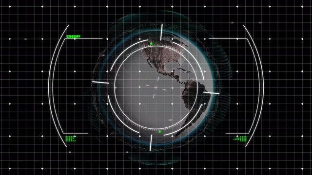 Digital animation of scope scanning over grid network against spinning globe on black background