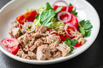 tuna salad vegetable seafood tomato, olives canned tuna fish plate on the table, healthy meal copy space food background top view keto or paleo diet veggie pescetarian diet