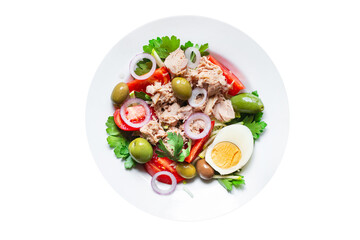 tuna salad vegetable seafood tomato, olives canned tuna fish plate on the table, healthy meal copy space food background top view keto or paleo diet veggie pescetarian diet