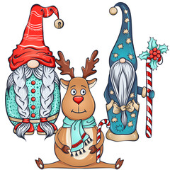 Two Christmas scandinavian gnomes and sitting deer with candy staff. Cute nisse or tomte cartoon character. Vector color hand drawn illustration isolated on white. For design, postcards