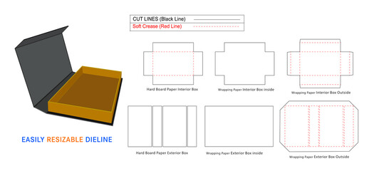Custom rigid box, Luxury magnetic closer rigid boxes dieline template and 3D box