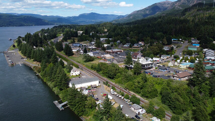 Aerial view of Cascade Locks, Oregon along the Columbia River