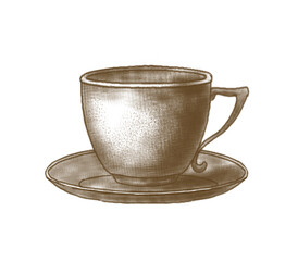 Illustration of classic Vintage Tea Cup. Hand drawn empty Antique Teacup with Saucer on white isolated background. Graphics in brown. Design for restaurant menu or icon