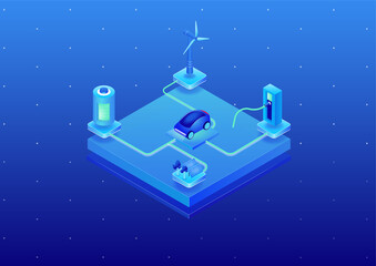 Electric car concept as 3d isometric vector illustration. Electric car powered by sustainable energy sources such as wind and solar. Energy storage and charging station for electric car.