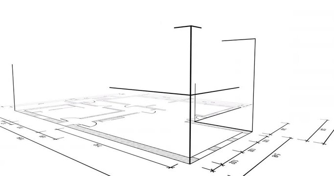 3d aufbau einer cad planung, wohnhaus zeichnung animation, immobilien design skizze