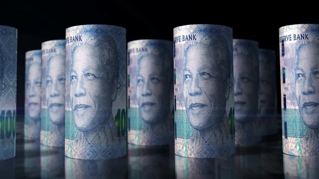 South Africa Rand money rolls loop 3d animation. Camera moving in front of the ZAR rolling banknotes. Seamless loopable concept of economy, finance, cash, business and debt.