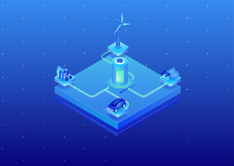 Concept of renewable energy battery storage for electricity. 3d isometric vector illustration of electric power infrastructure based on sustainable energy sources which is then stored in a battery 