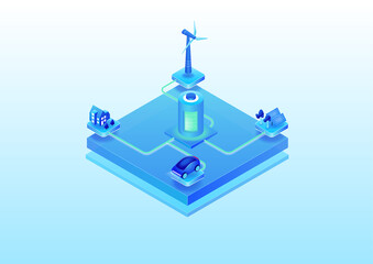 Concept of renewable energy battery storage for electricity. 3d isometric vector illustration of electric power infrastructure based on sustainable energy sources which is then stored in a battery 