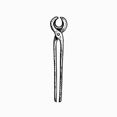 Blacksmith tongs for forging, gravure style hand drawn vector outline illustration
