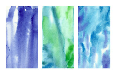 Watercolor backgrounds for vertical banners. Blue, ultramarine and green colors on a white background.
Water and fresh greens theme.