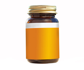 Medical glass bottle mockup. Template, empty orange label. Empty brown glass bottle for vitamins or supplements.
