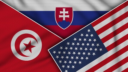 Obraz premium Slovakia United States of America Tunisia Flags Together Fabric Texture Effect Illustration