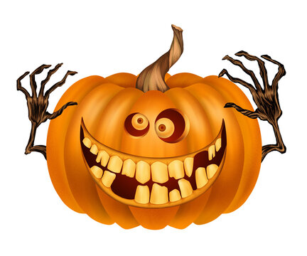 Emotion Pumpkin With Scary Hands Sticks Frightening, Isolated On White Background, Hand-drawn Realistic Pumpkin For Halloween, Carving Vegetables, Jack-o-lantern Glowing For Design For The Holiday.