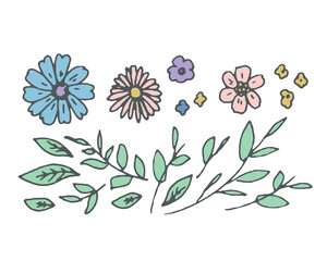 手書きタッチの草木 春カラーの花と緑の草木のイラストフレームセット Background Wall Mural Backgrou Necomammma