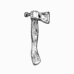 Axe with wooden handle, gravure style hand drawn vector outline illustration