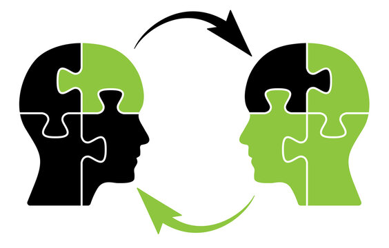 Human heads with puzzle pieces and arrows sharing information. Brainstorm concept vector illustration with black and green puzzle pieces. Information sharing, teamwork, solution, idea concept design.