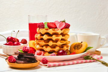 Healthy Breakfast set with Belgian waffles with strawberries