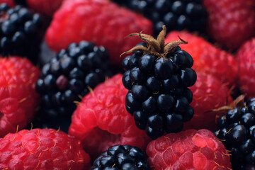 fresh organic blackberries and raspberries, close up.