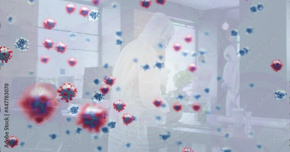 Wall mural Multiple covid-19 cells floating over group of health workers cleaning the office using disinfectant