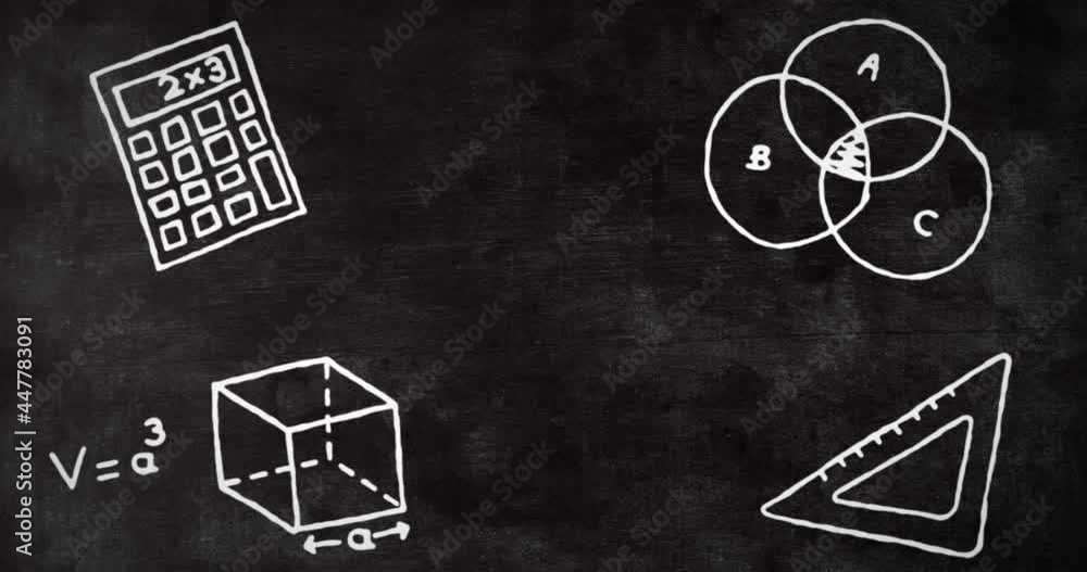Poster digital animation of multiple mathematics concept icons against blackboard