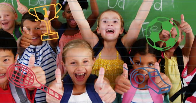 Multiple sports concept icons against diverse students showing thumbs up at elementary school