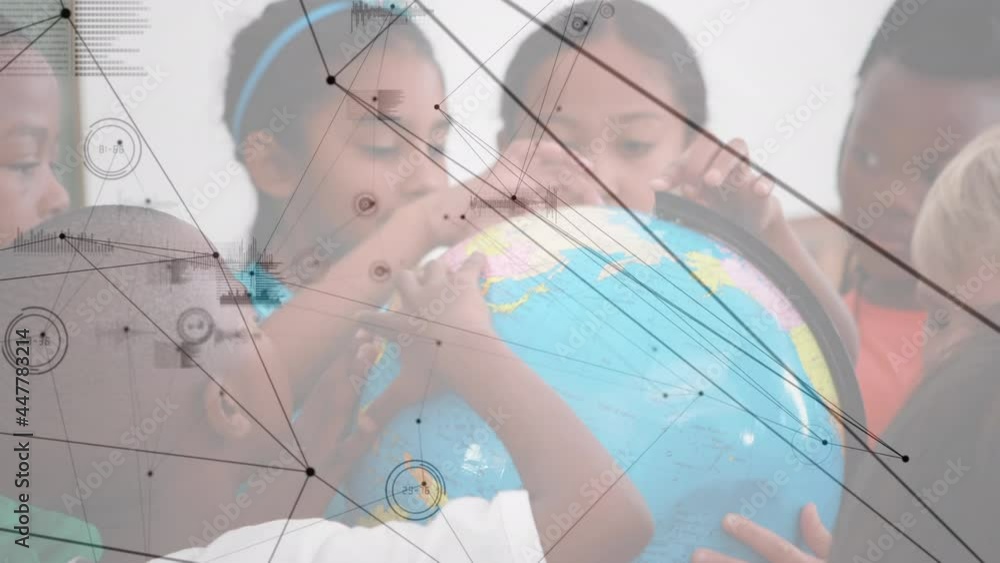 Poster network of connections over diverse students learning geography using a globe at elementary school