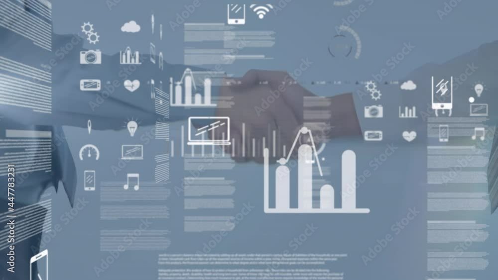 Poster digital interface with data processing over mid section of two businessmen shaking hands