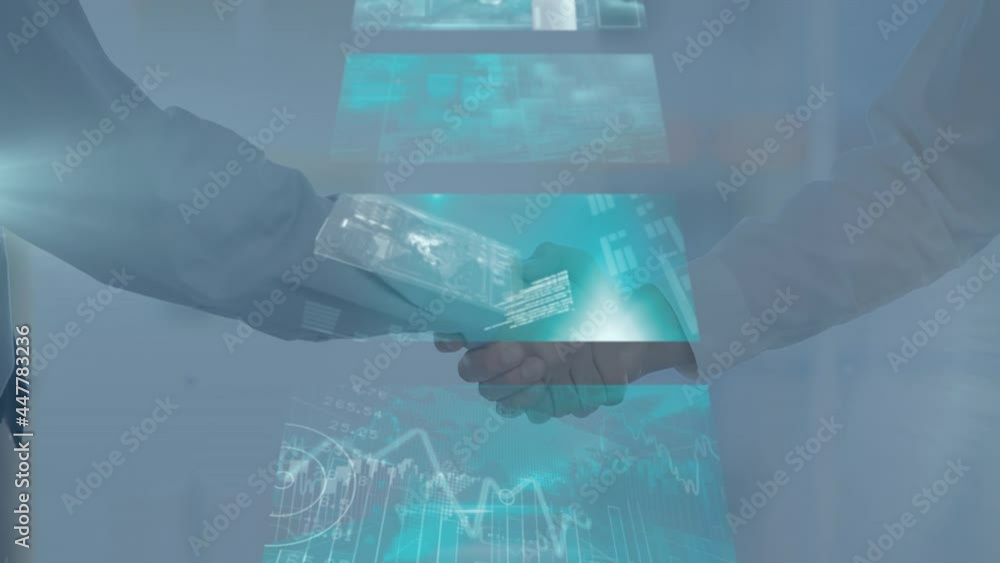 Aufkleber multiple screens with data processing over mid section of two businessmen shaking hands