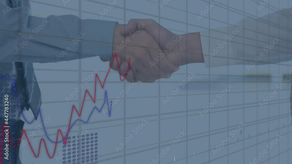 Poster statistical data processing over grid network against mid section of two businessmen shaking hands