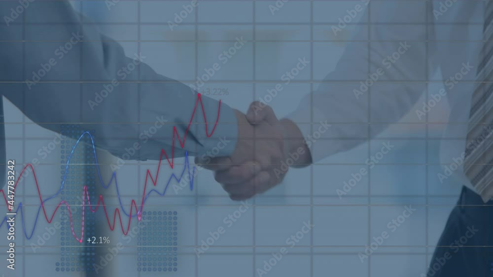 Poster statistical data processing over grid network against mid section of two businessmen shaking hands