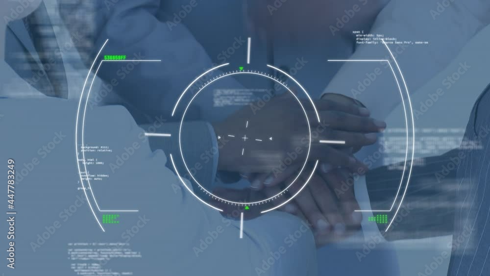 Poster data processing and scope scanning over mid section of businesspeople making a hand stack