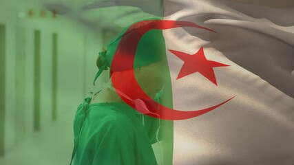 Digital composition of algeria flag waving against stressed caucasian female surgeon at hospital - Powered by Adobe