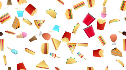 Endless white seamless pattern of delicious food and snack items icons set for restaurant bar cafe: fries, hotdog, sandwich, cake, ice cream, popcorn, burger. The background