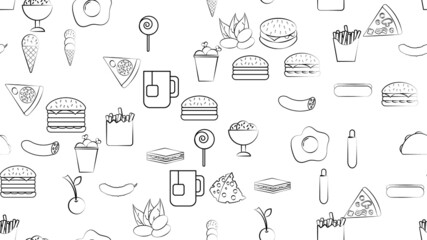 Black and white endless seamless pattern of food and snack items icons set for restaurant bar cafe: burger, nuts, egg, sausage, ice cream, pizza, burrito, candy, tea. The background