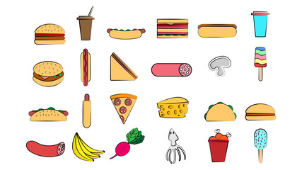 Set of 28 icons of delicious food and snacks items for a cafe bar restaurant on a white background: burger, coffee, hot dog, sandwich, soda, sausage, mushroom, ice cream, cheese