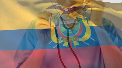Digital composition of ecuador flag waving over caucasian female health worker holding stethoscope - Powered by Adobe