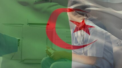 Digital composition of algeria flag waving over stressed caucasian female health worker at hospital - Powered by Adobe
